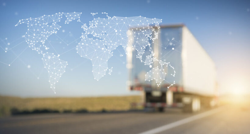 Container Truck on Highway with Polygon Network World Map Graphic Container Truck on Highway with Polygon Network World Map Graphic